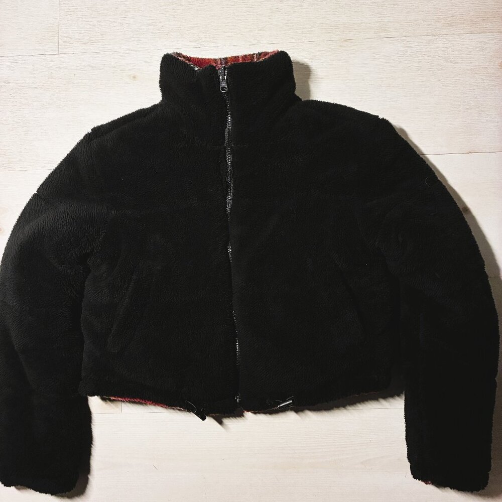 BP. Reversible Crop Faux Shearling Jacket Black/Red Plaid Medium
